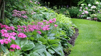 Naklejka premium Garden with a focus on vibrant pink spring flowers among other blooms 