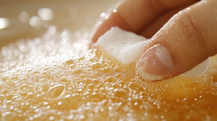 Fototapeta premium Close-Up View of a Hand Scrubbing a Foaming Surface with a Sponge in Sudsy Water, Highlighting Cleanliness and Domestic Chores
