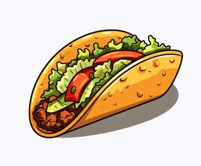 Cartoon-style illustration of taco filled with lettuce, tomatoes, and meat, highlighting vibrant colors on a clean white background.