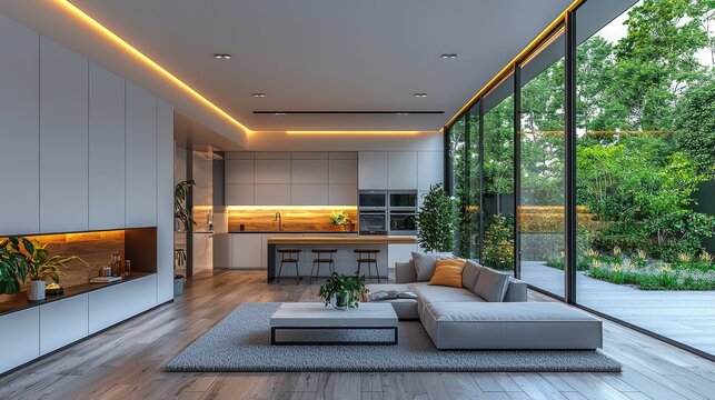 Interior of modern kitchen with modern appliances and white cabinets in contemporary light apartment