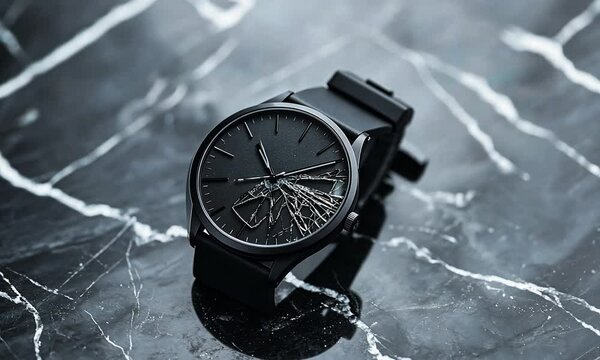 A broken black watch lies on a marble surface, showcasing its shattered glass and sleek design.