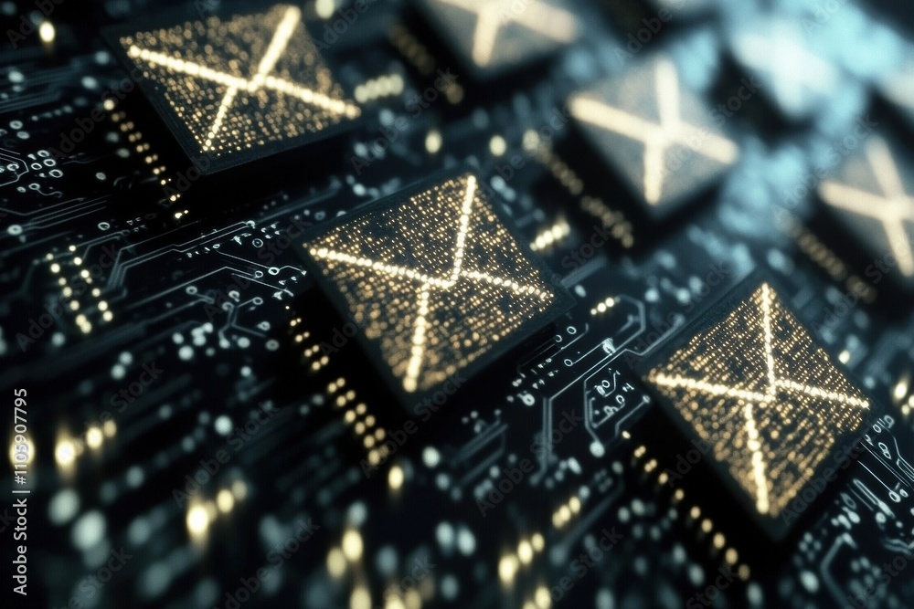 Poster close-up view illuminated microprocessor chips circuit board, representing technology innovation com