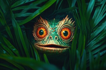 A vibrant creature peering lush, green foliage, showcasing vivid colors intricate details, perfect fantasy themes.
