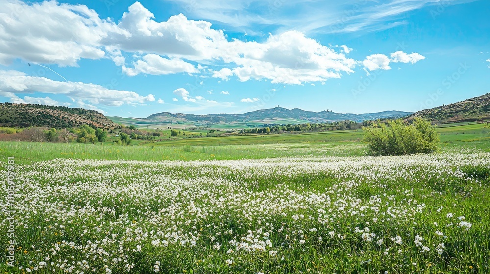 Poster field of blooming spring flowers creating a scenic countryside view