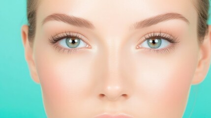 Fototapeta premium Beautiful Close-Up of a Woman's Face with Flawless Skin, Exquisite Eye Color, and Natural Makeup Against a Soft Turquoise Background for Beauty and Skincare Themes