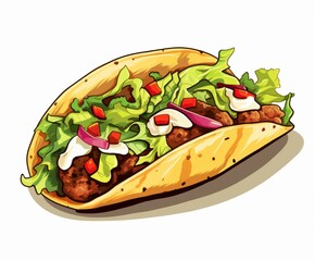 Cartoon-style illustration of taco filled with lettuce, tomatoes, and meat, highlighting vibrant colors on a clean white background.
