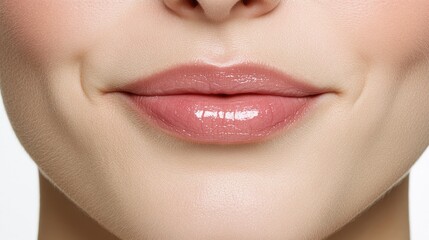 Obraz premium Close-Up of Beautiful Natural Lips with Glossy Finish and Soft Skin, Emphasizing Smooth Texture and Subtle Expression Against Plain Background
