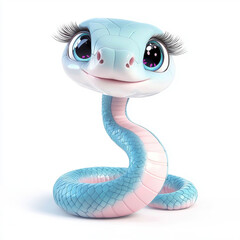 Fototapeta premium Smiling cartoon snake with big eyes and long eyelashes is posing on a white background, creating a cute and whimsical scene