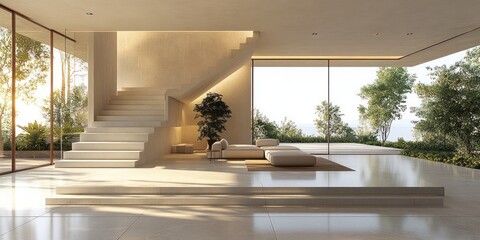 Fototapeta premium Modern Minimalist Home Interior With Staircase And Ocean View