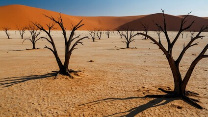 Dead trees and orange sand dunes in Dead Vlei, Namib Desert, Namibia.