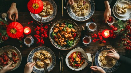 Fototapeta premium Overhead View of Rustic Chinese Dining Table Set with Delicious Dishes