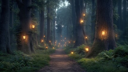 Naklejka premium Enchanted Forest Pathway with Glowing Lanterns Illuminating Trees and Lush Underbrush in a Mystical, Dreamy Atmosphere