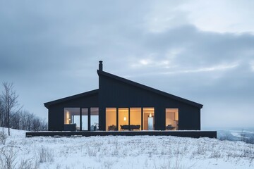 Modern Black House on Snowy Hilltop Landscape