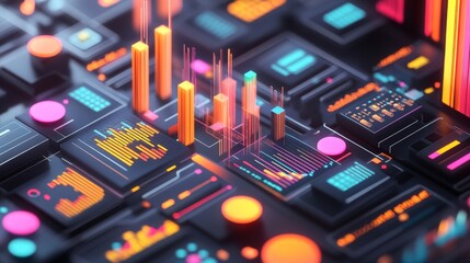 Abstract 3D Data Analysis Process with Colorful Charts and Graphs