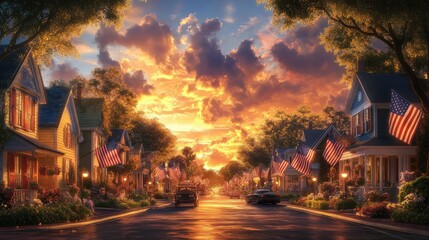 Fototapeta premium Charming small-town street lined with houses displaying American flags, bathed in warm sunset light and vibrant skies.