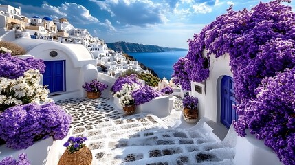 Vibrant Bougainvillea Blooms in Oia, Santorini, Greece AI Generated