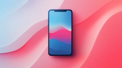 Modern smartphone displaying an abstract wallpaper with pink and blue waves, placed on a vibrant pink background with a wavy pattern, creating a visually appealing and trendy composition