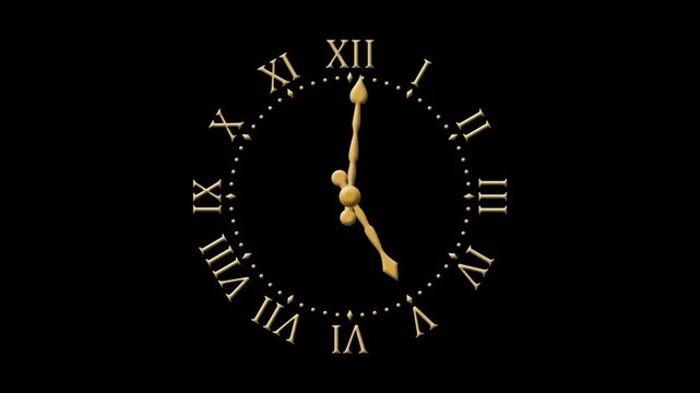 animated Vintage Roman wall clock 24 hours seamless rotation. animation video footage isolated on alpha channel(transparent) background.