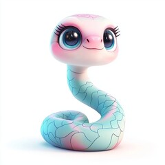 Fototapeta premium Cute cartoon baby snake with big blue eyes and pastel scales is looking up, creating a charming and innocent image perfect for children's products or any project needing a touch of sweetness