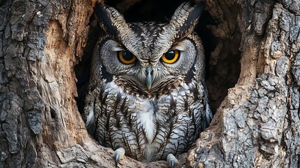 A wise owl with piercing yellow eyes stares intently from a tree hollow.