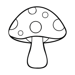 Simple black and white outline of a mushroom with a polka dotted cap