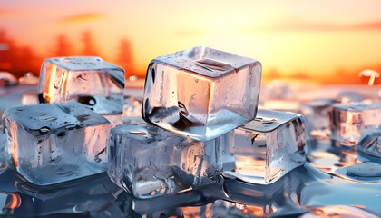 Ice Cubes and Sunset Fresh Cold Cool Refreshing Liquid Beverage Chill Refreshment illustration	