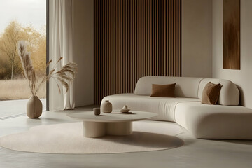 Serene minimalist living room interior design, featuring a curved beige sofa, wooden wall paneling, and natural decor.
