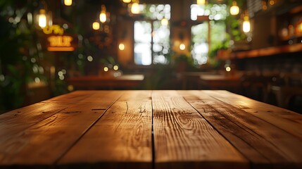 Empty wooden table with christmas theme in background, Warm Glow: A Cozy Evening at a Wooden Table