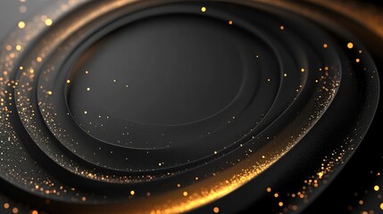 Naklejka premium Abstract black and gold swirling design with glowing particles, perfect for backgrounds or presentations.