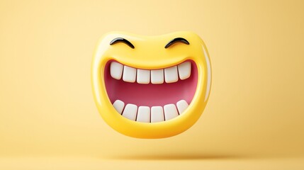 3D illustration of a large yellow smiling face emoji with wide open mouth and visible teeth on a light yellow background, representing happiness and laughter.