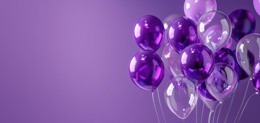 A realistic purple balloon background. A holiday illustration featuring balloons in a minimal concept, with a dark violet background color and ample copy space for text. Generative AI.