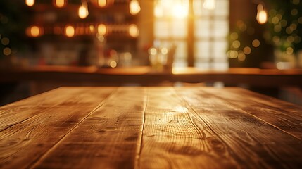Empty wooden table with christmas theme in background, Warm Glow: A Cozy Evening at a Wooden Table