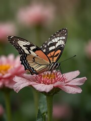 Naklejka premium Delicate butterfly perched on a pink flower in a portrait shot.