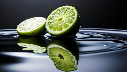 Half slice limes with water droplets and half submerged in water on a black background