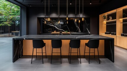 Modern kitchen design featuring sleek black marble countertops and wooden cabinetry in a spacious dining area