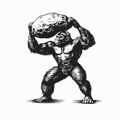 Strong Gorilla Holding a Huge Rock Preparing to Throw Vector Illustration for Power and Nature Themes