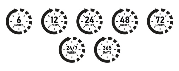 6, 12, 24, 48, 72 hours clock with arrow icons vector, time, delivery and service icons, 24 hours 7 days icon, 365 days icons flat vector illustration isolated on white background.
