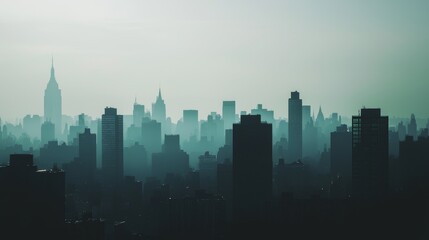 Fototapeta premium Silhouetted Urban Skyline with Towering High Rise Buildings in a Metropolitan Landscape