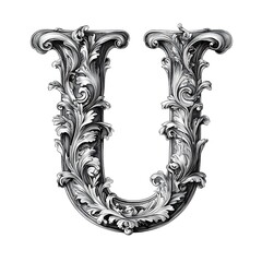 Ornate Silver Letter U with Baroque Design Elegant Initial for Monograms and Logos.