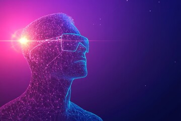 Obraz premium Futuristic Concept of a Digital Human Figure Wearing Smart Glasses in a High-Tech Environment with Bright Neon Lights and a Cosmic Background