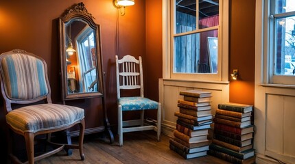Cozy vintage interior with chairs and bookshelves