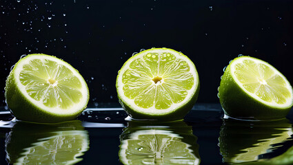 Half slice limes with water droplets and half submerged in water on a black background
