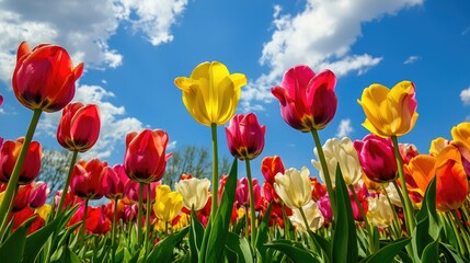 Obraz premium Bright tulip field in multiple colors, stretching under a blue spring sky 