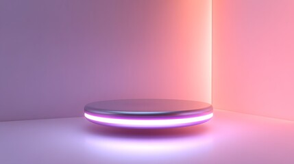 Illuminated round pedestal in corner with pink and orange neon lighting.