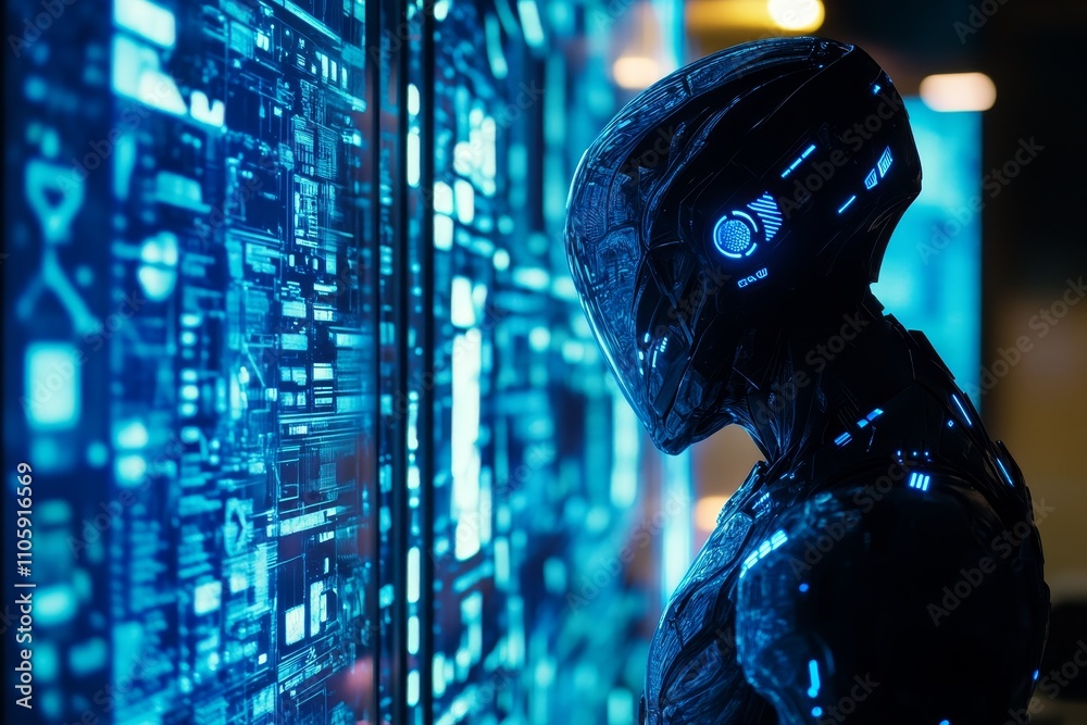 Aufkleber futuristic humanoid robot analyzing digital data on high-tech display, representing advanced technol