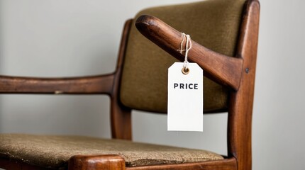Wooden chair with price tag in minimalist style
