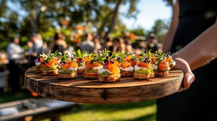 Waiter holds a wooden platter of delicious canap?s, featuring grilled salmon, avocado cream, and microgreens, at an outdoor event.