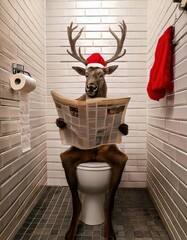 Funny Deer Wearing Santa Hat Reading Newspaper on Toilet in White Tiled Bathroom with Festive Red Towel