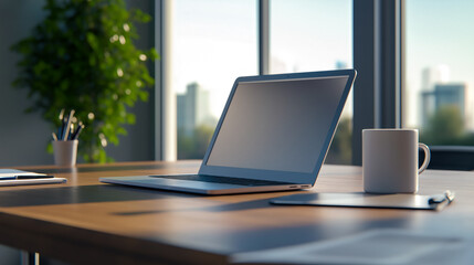 A sleek laptop sits on a wooden desk in a modern office setting, accompanied by a coffee mug and a notebook, with a view of the city skyline in the background.