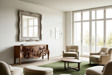 Fototapeta premium Scandinavian home interior design of modern living room. Artistic wooden carving sideboard with flowing textures and big mock up frame in a light-filled, modern space